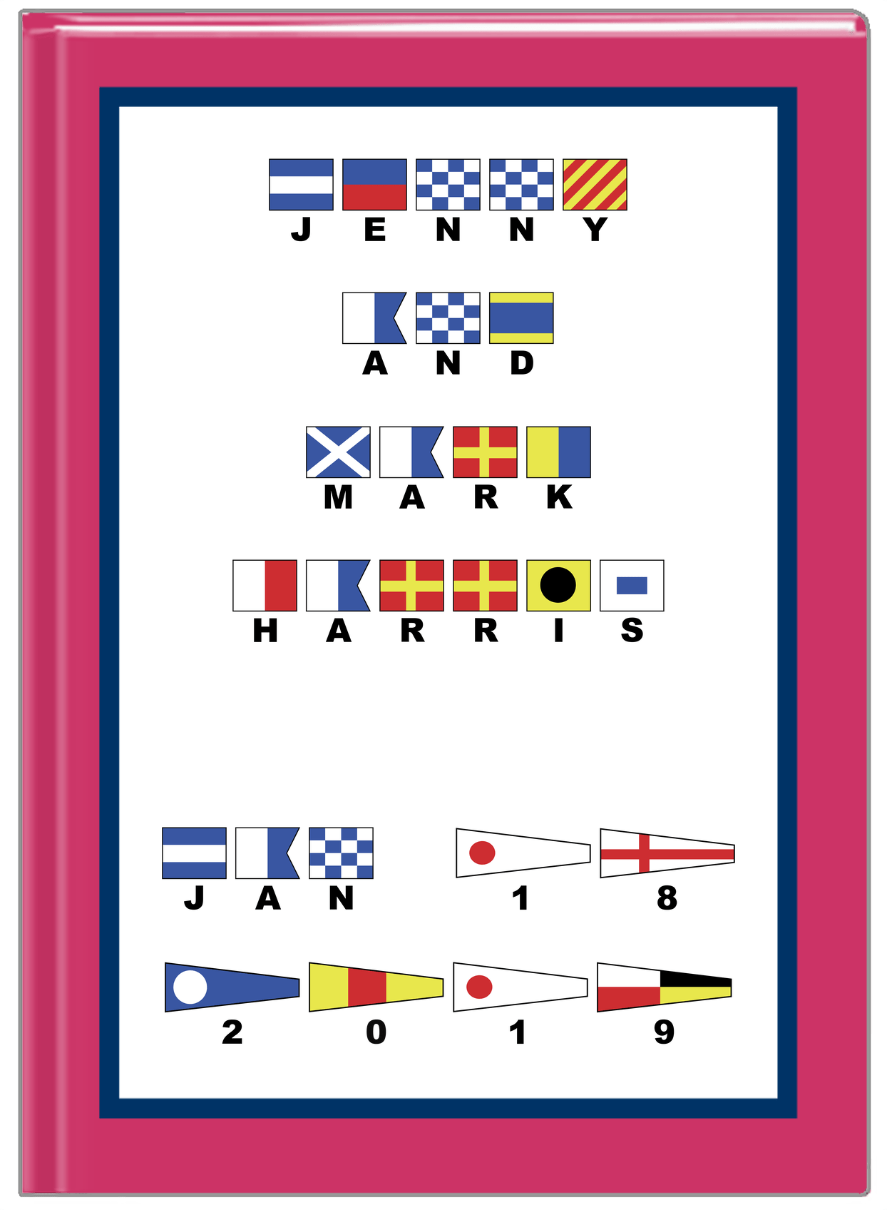 Personalized Nautical Flags Journal - Pink and Blue - Flags with Large Letters - Front View