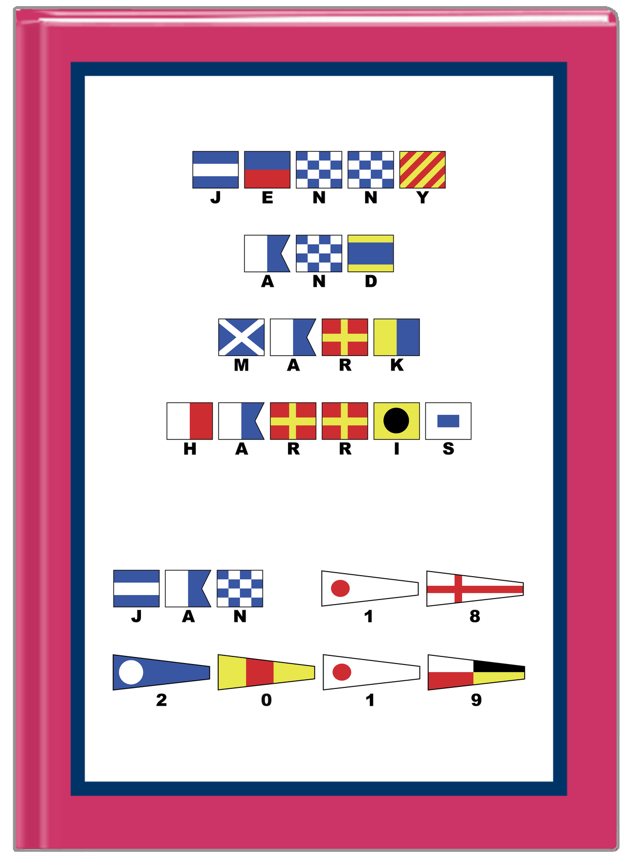 Personalized Nautical Flags Journal - Pink and Blue - Flags with Small Letters - Front View