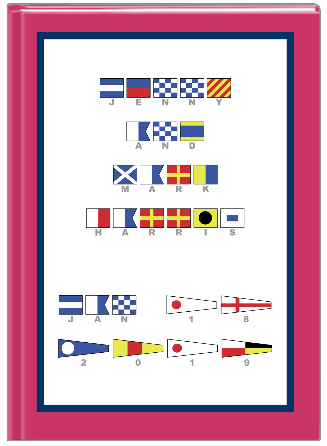 Personalized Nautical Flags Journal - Pink and Blue - Flags with Grey Letters - Front View