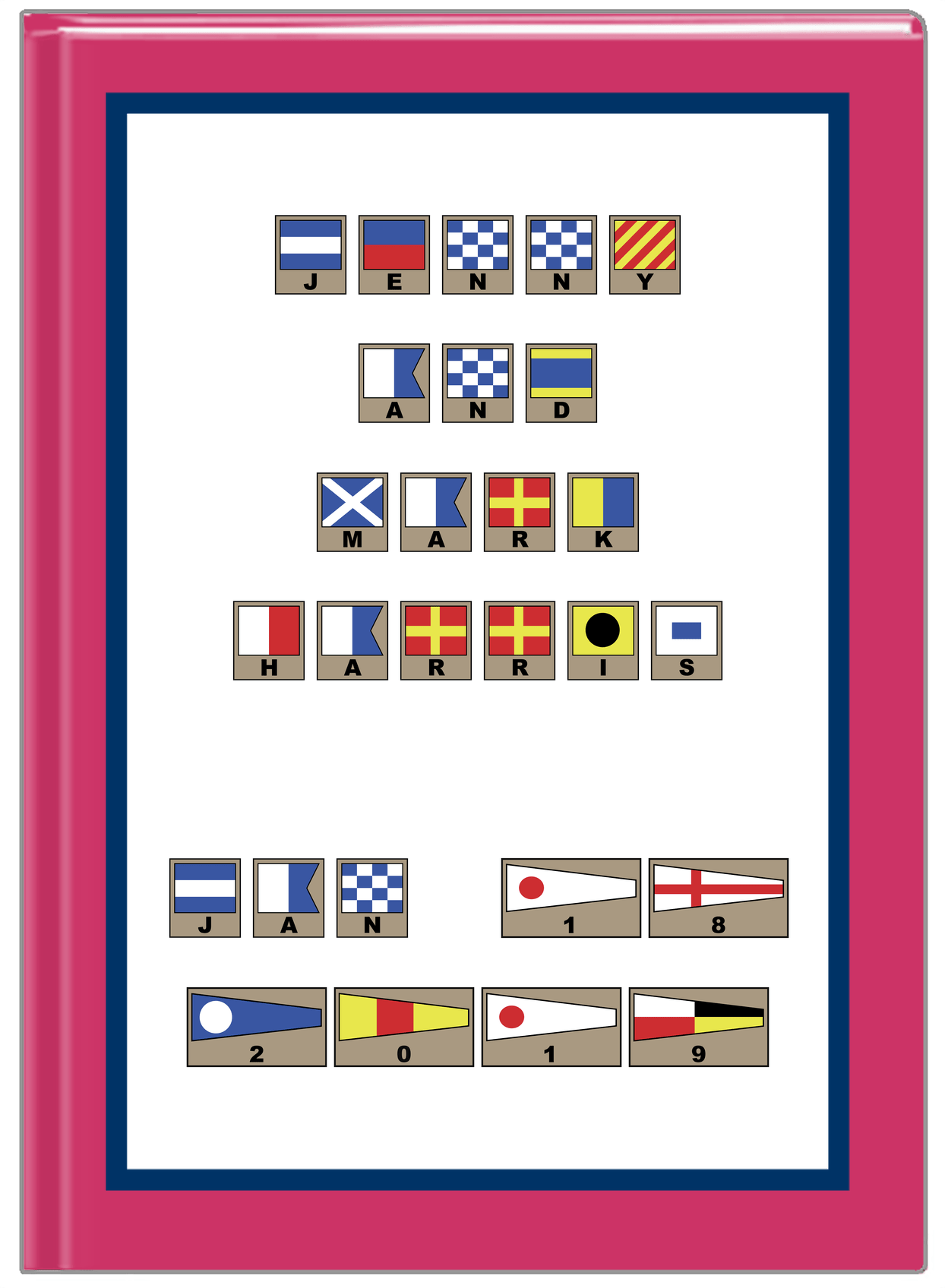 Personalized Nautical Flags Journal - Pink and Blue - Flags with Light Brown Frames - Front View