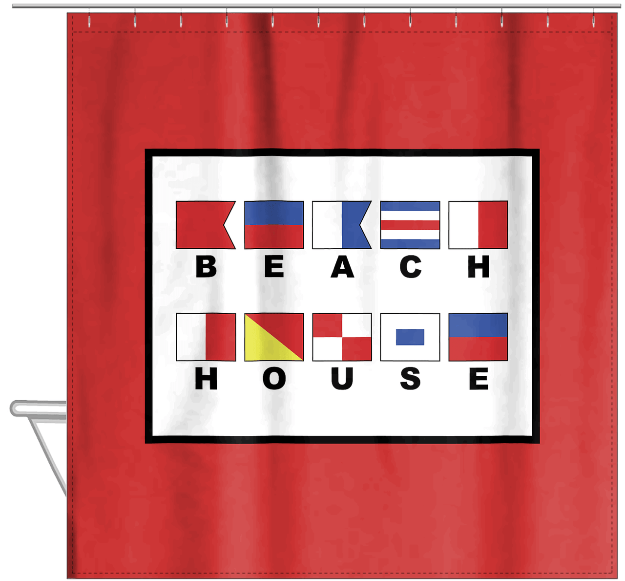 Personalized Nautical Flags Shower Curtain - Red and Black - Flags With Large Letters - Hanging View