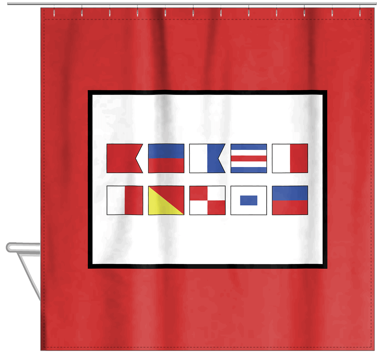 Personalized Nautical Flags Shower Curtain - Red and Black - Flags Without Letters - Hanging View