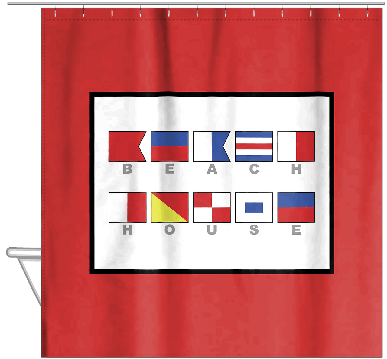Personalized Nautical Flags Shower Curtain - Red and Black - Flags With Grey Letters - Hanging View