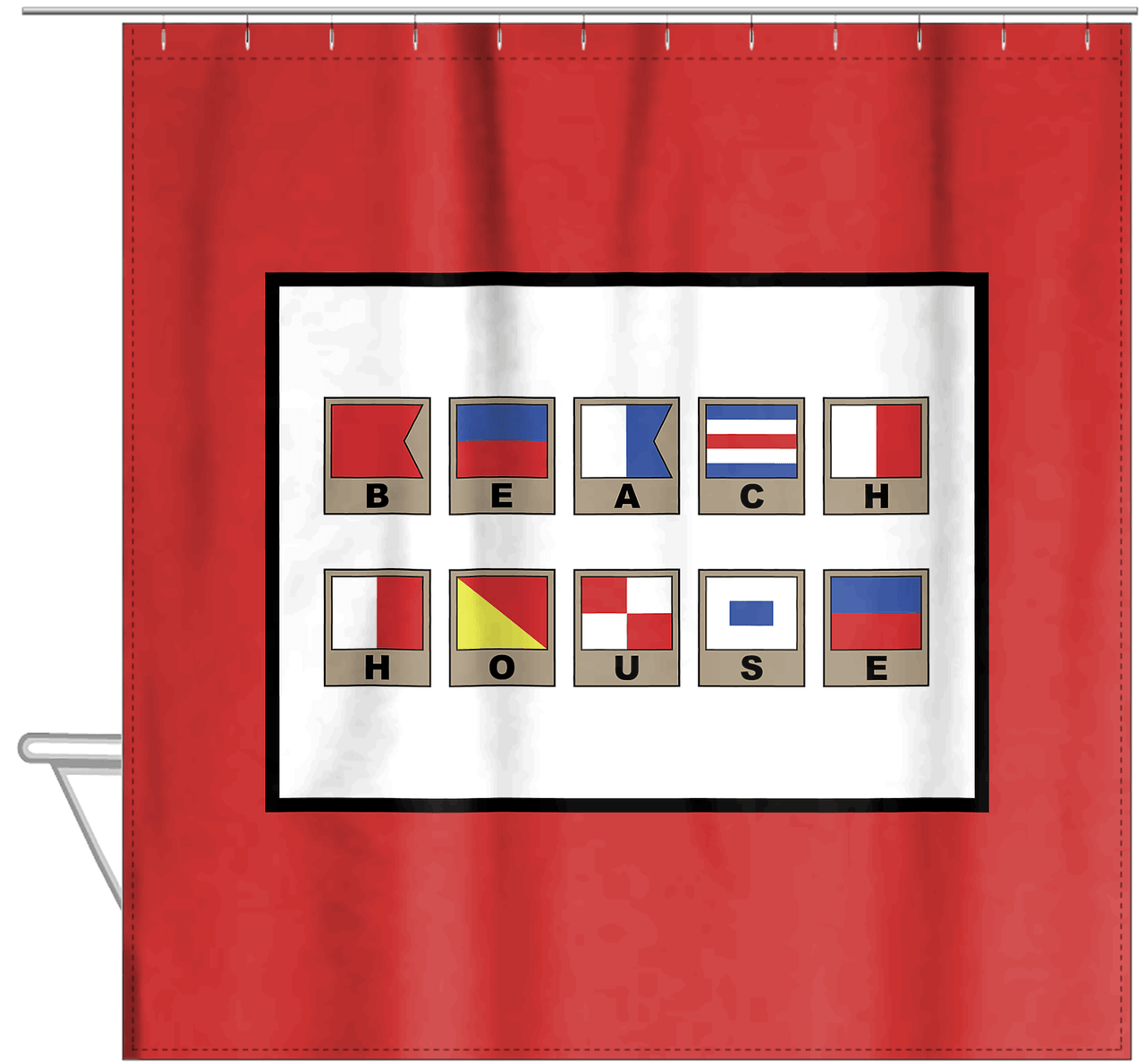 Personalized Nautical Flags Shower Curtain - Red and Black - Flags With Light Brown Frames - Hanging View