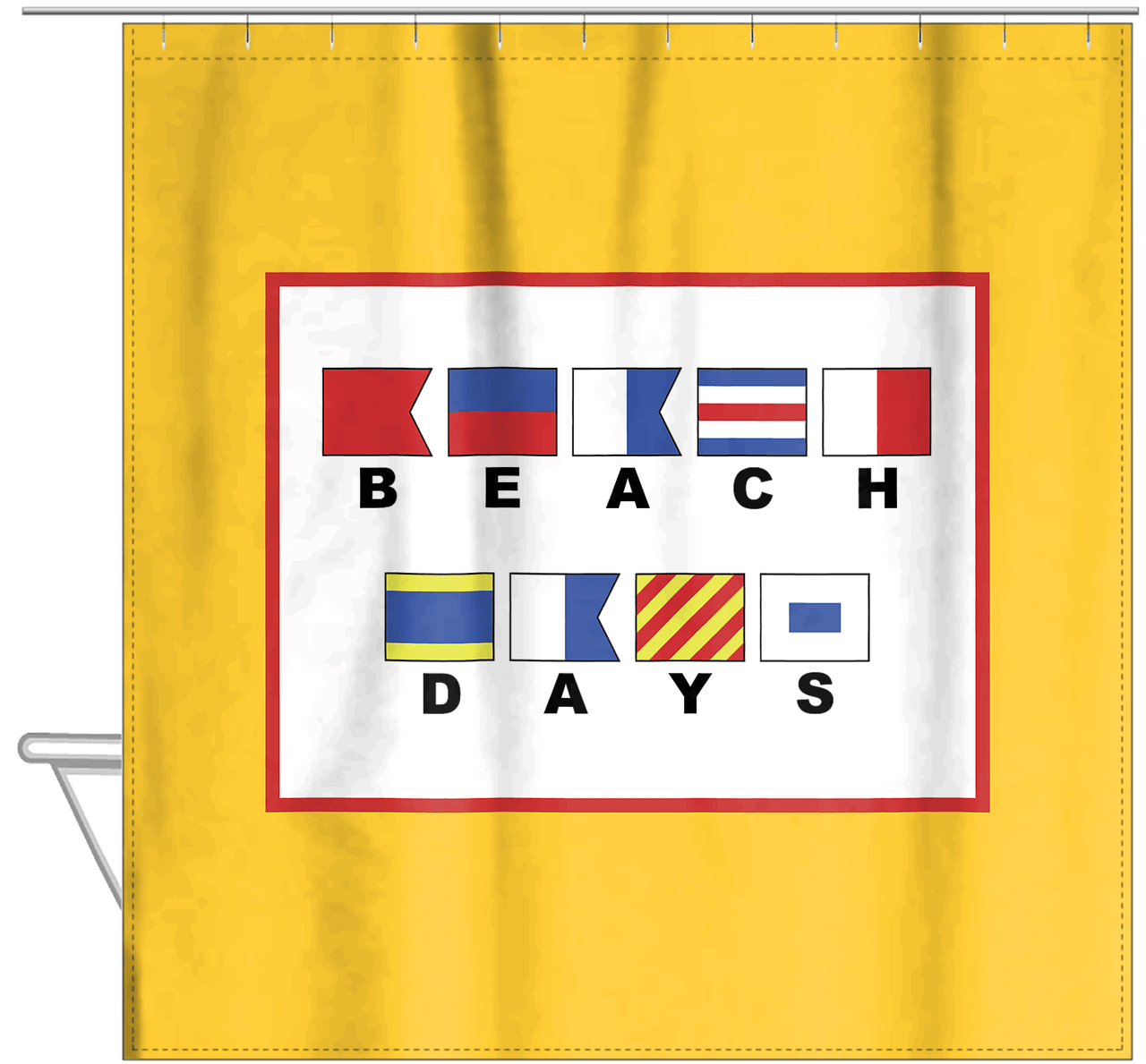 Personalized Nautical Flags Shower Curtain - Yellow and Red - Flags With Large Letters - Hanging View