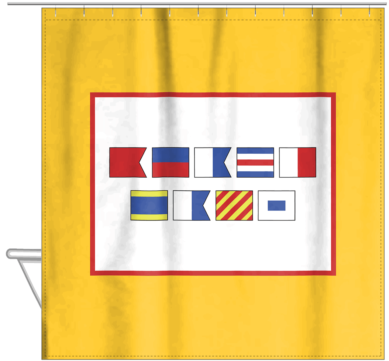 Personalized Nautical Flags Shower Curtain - Yellow and Red - Flags Without Letters - Hanging View