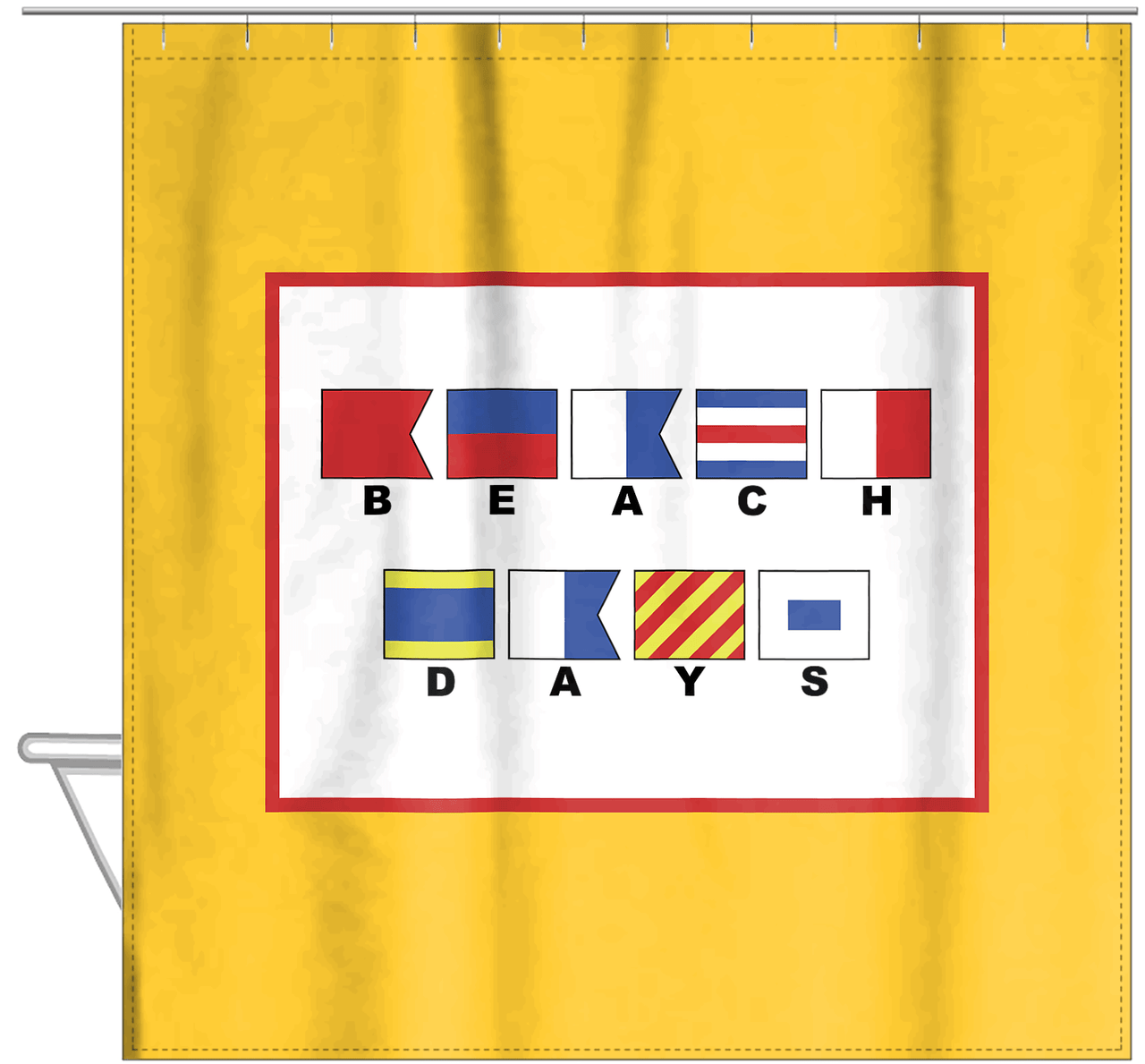 Personalized Nautical Flags Shower Curtain - Yellow and Red - Flags With Small Letters - Hanging View