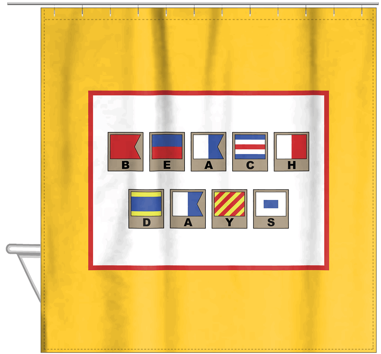 Personalized Nautical Flags Shower Curtain - Yellow and Red - Flags With Light Brown Frames - Hanging View
