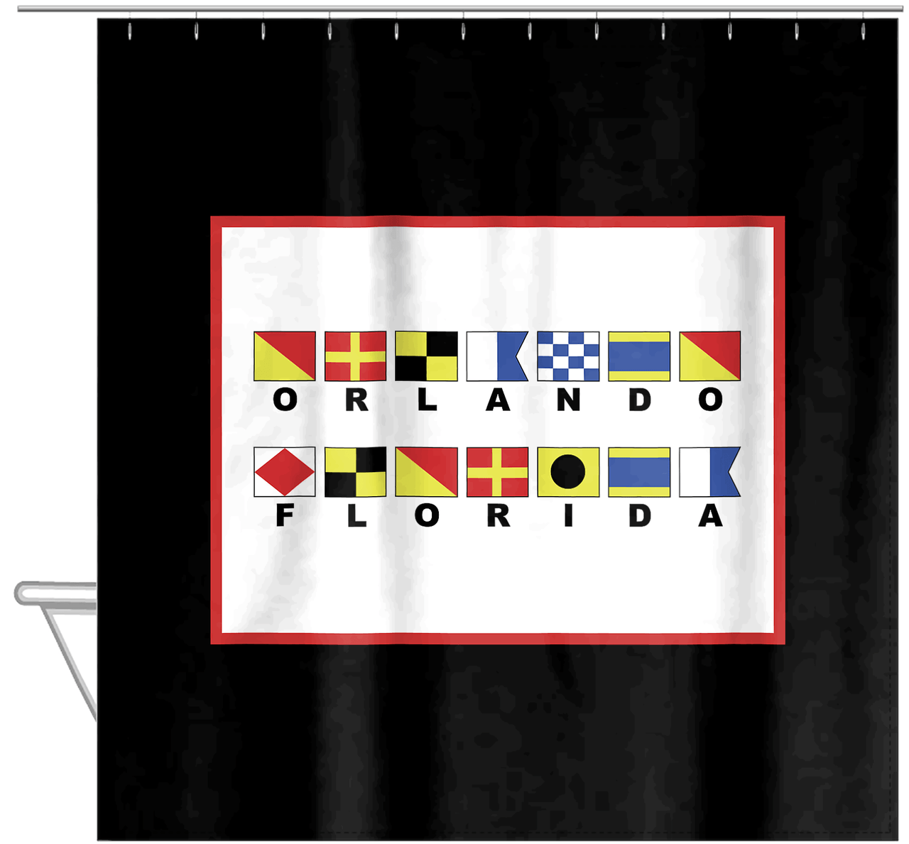 Personalized Nautical Flags Shower Curtain - Black and Red - Flags With Large Letters - Hanging View