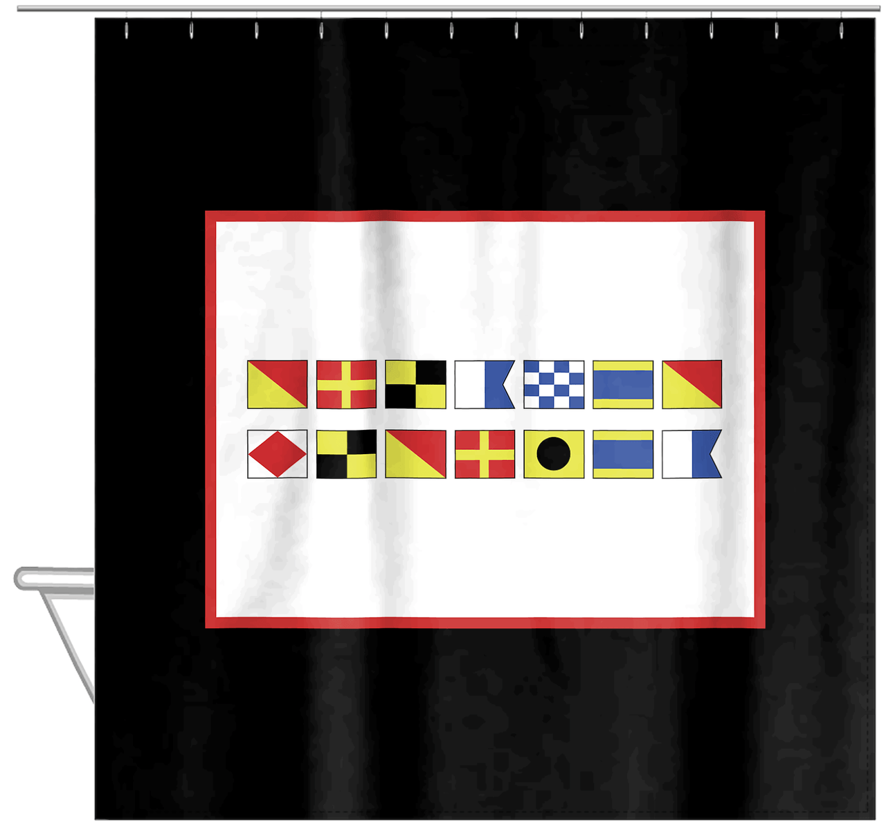 Personalized Nautical Flags Shower Curtain - Black and Red - Flags Without Letters - Hanging View