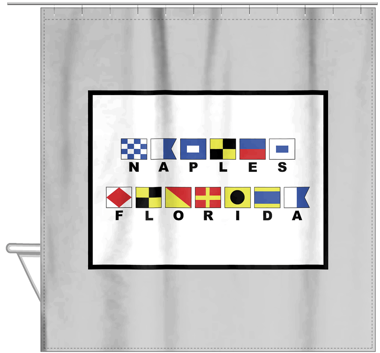 Personalized Nautical Flags Shower Curtain - Grey and Black - Flags With Large Letters - Hanging View