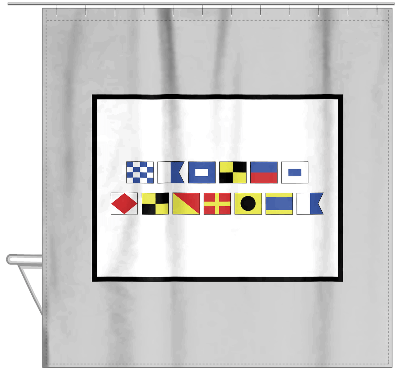 Personalized Nautical Flags Shower Curtain - Grey and Black - Flags Without Letters - Hanging View