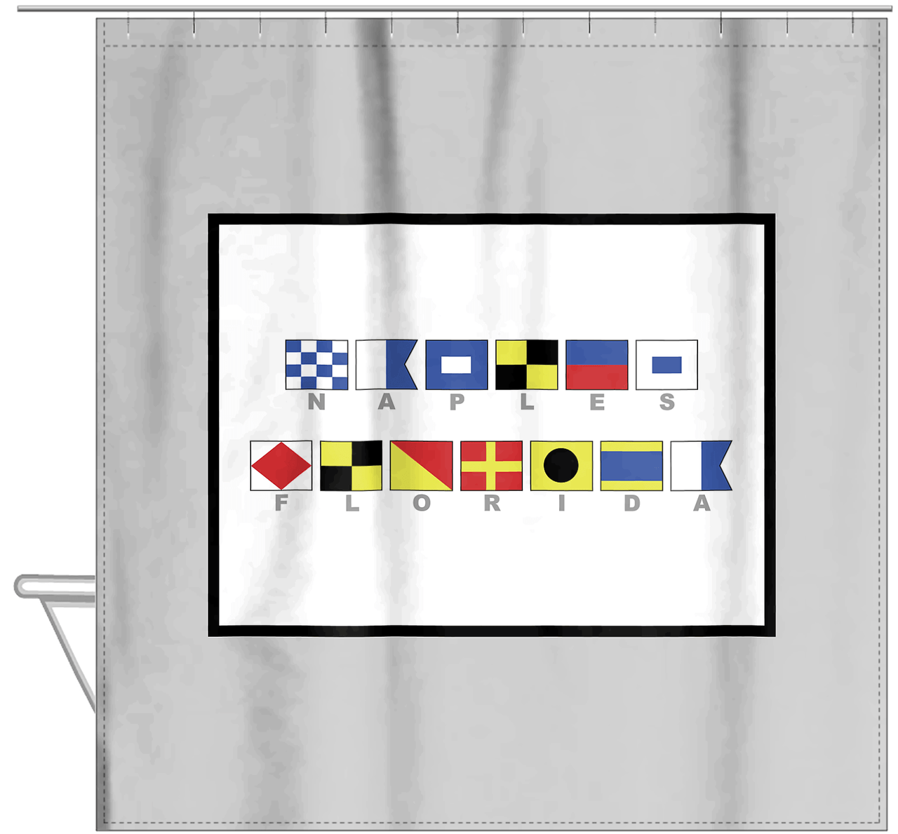 Personalized Nautical Flags Shower Curtain - Grey and Black - Flags With Grey Letters - Hanging View