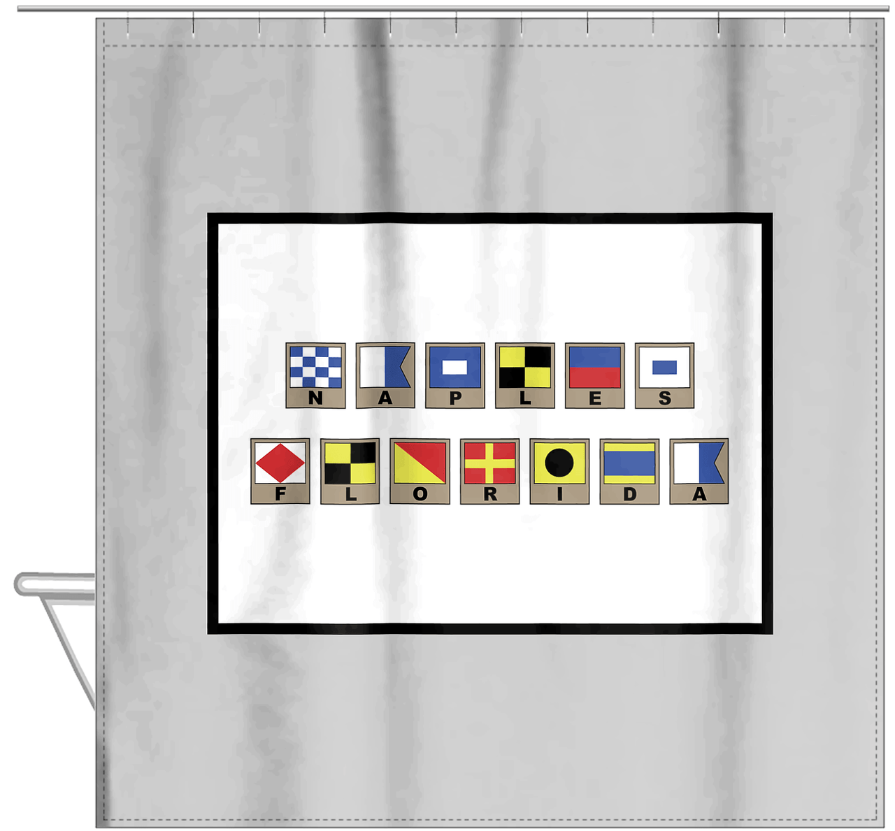 Personalized Nautical Flags Shower Curtain - Grey and Black - Flags With Light Brown Frames - Hanging View