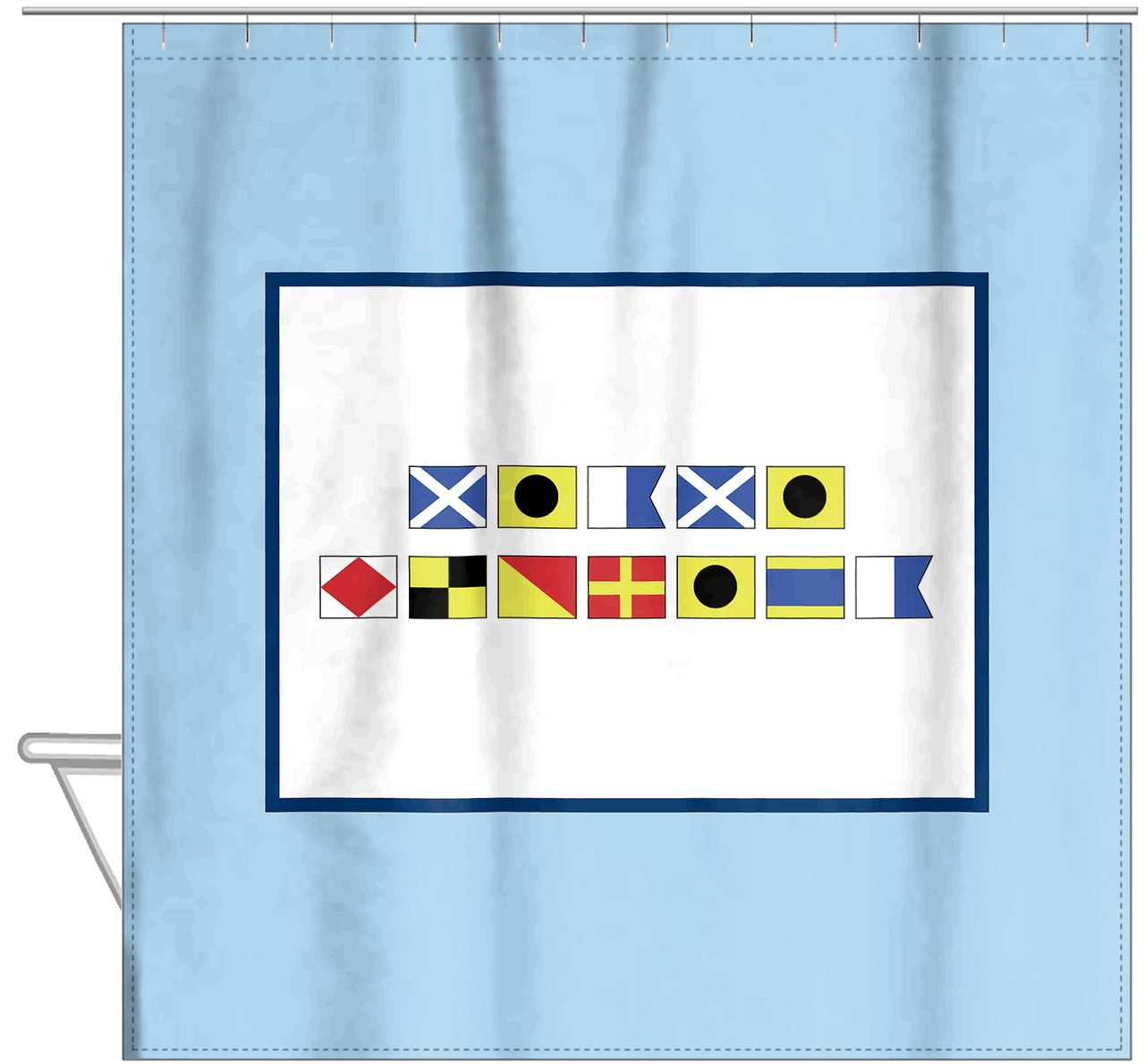 Personalized Nautical Flags Shower Curtain - Blue and Navy - Flags Without Letters - Hanging View