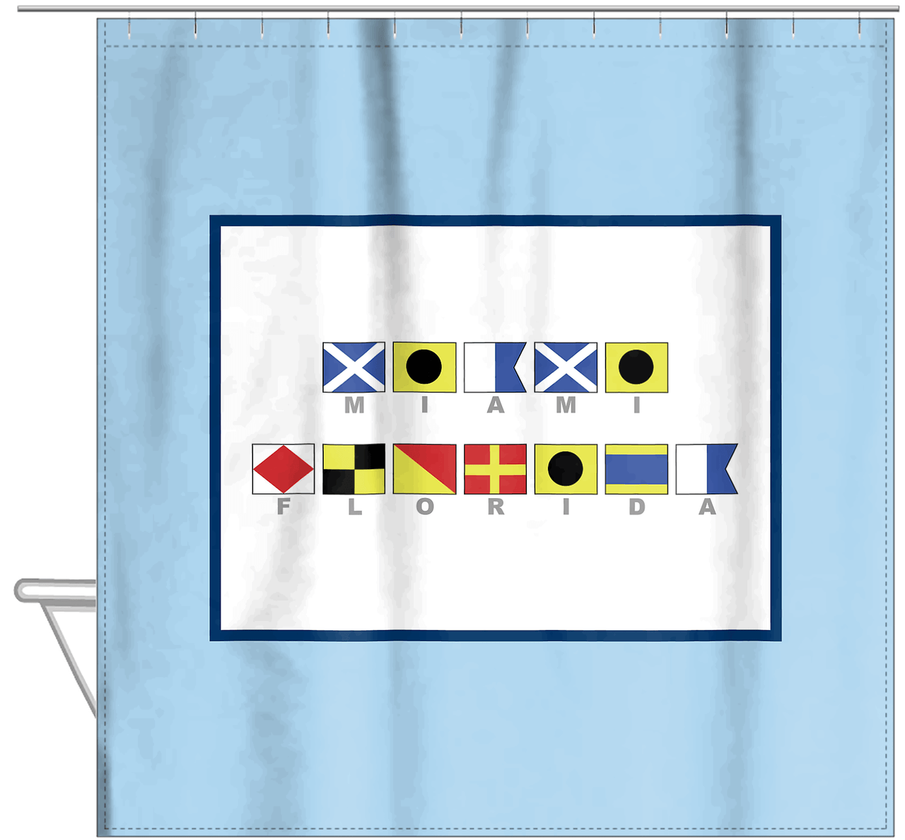 Personalized Nautical Flags Shower Curtain - Blue and Navy - Flags With Grey Letters - Hanging View
