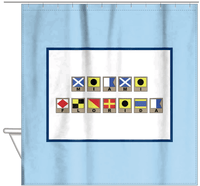 Thumbnail for Personalized Nautical Flags Shower Curtain - Blue and Navy - Flags With Light Brown Frames - Hanging View