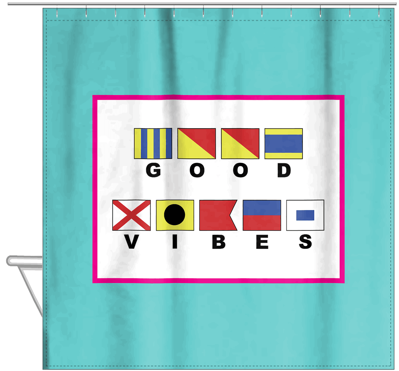 Personalized Nautical Flags Shower Curtain - Teal and Pink - Flags With Large Letters - Hanging View