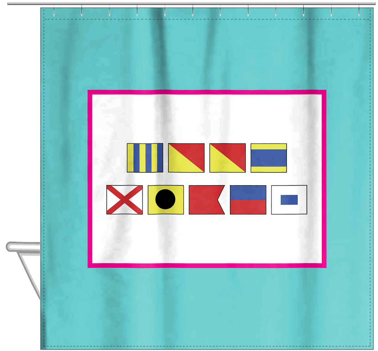Personalized Nautical Flags Shower Curtain - Teal and Pink - Flags Without Letters - Hanging View