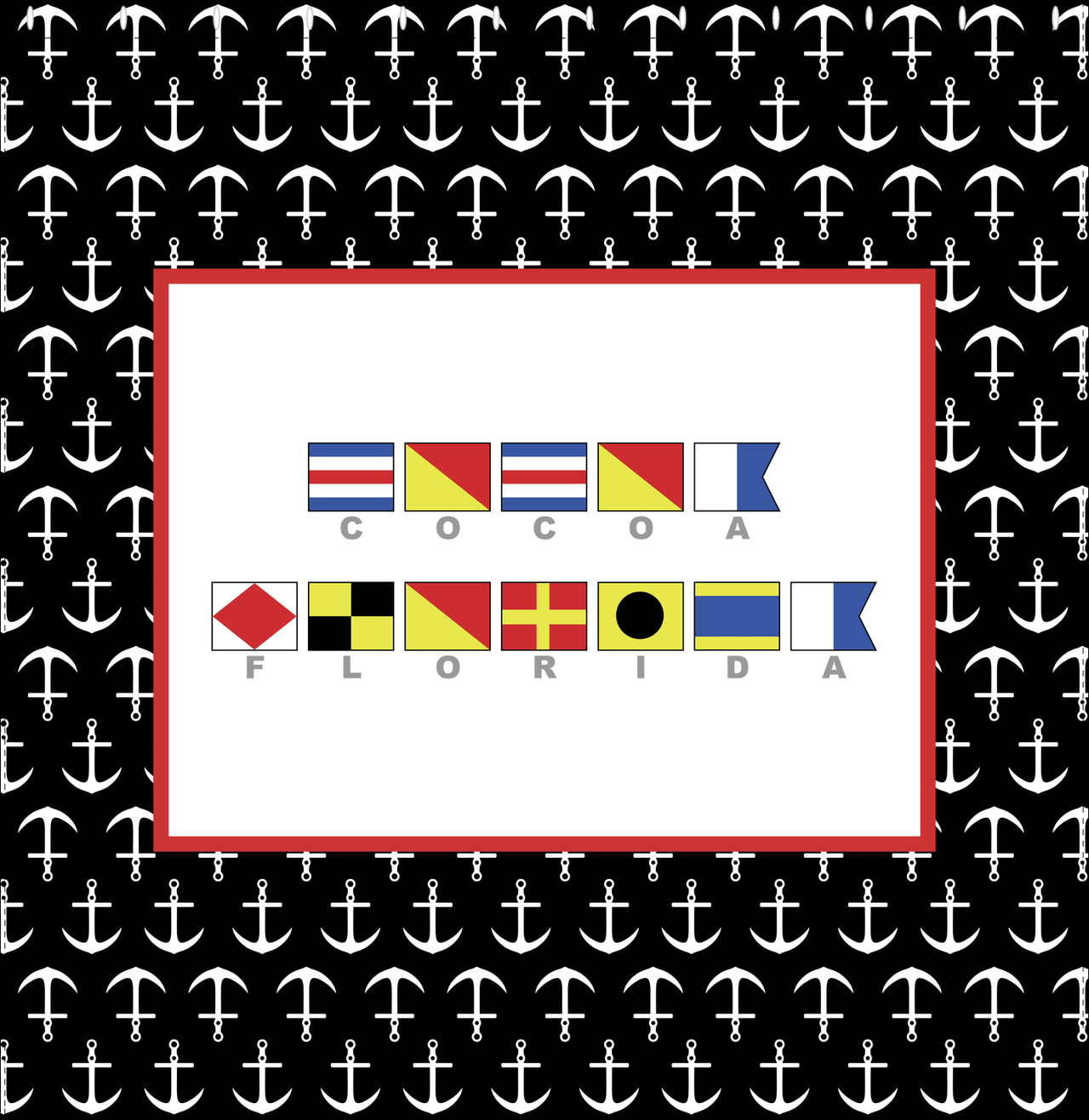 Personalized Nautical Flags Shower Curtain with Anchors - Black and Red - Flags with Grey Letters - Decorate View