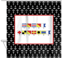 Thumbnail for Personalized Nautical Flags Shower Curtain with Anchors - Black and Red - Flags with Grey Letters - Hanging View