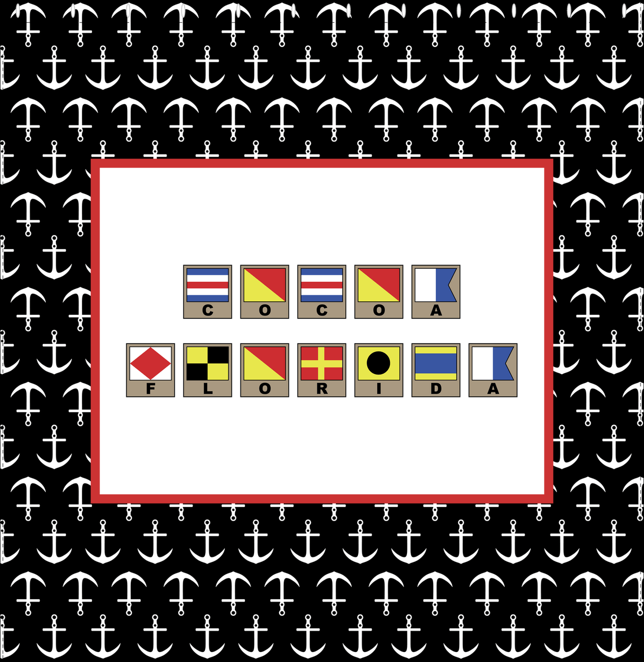 Personalized Nautical Flags Shower Curtain with Anchors - Black and Red - Flags with Light Brown Frames - Decorate View