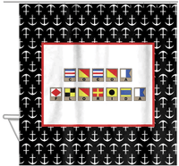 Thumbnail for Personalized Nautical Flags Shower Curtain with Anchors - Black and Red - Flags with Light Brown Frames - Hanging View