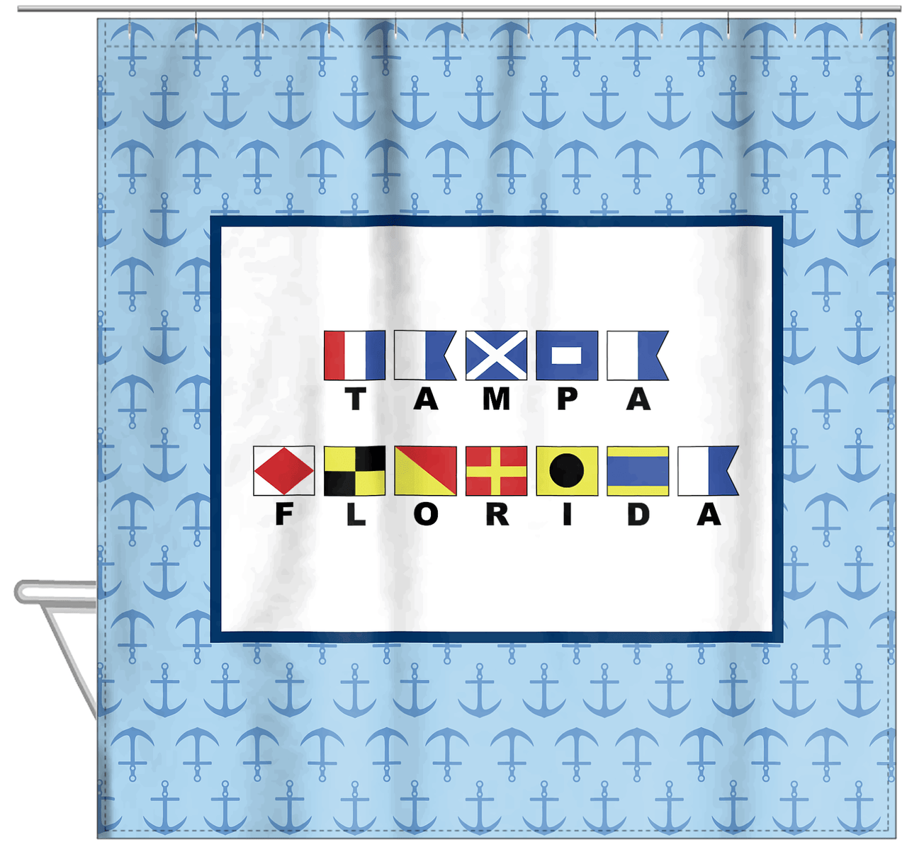 Personalized Nautical Flags Shower Curtain with Anchors - Blue and Navy - Flags with Large Letters - Hanging View