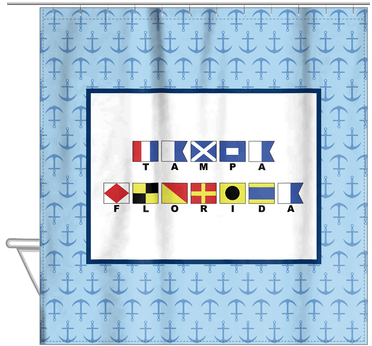 Personalized Nautical Flags Shower Curtain with Anchors - Blue and Navy - Flags with Small Letters - Hanging View