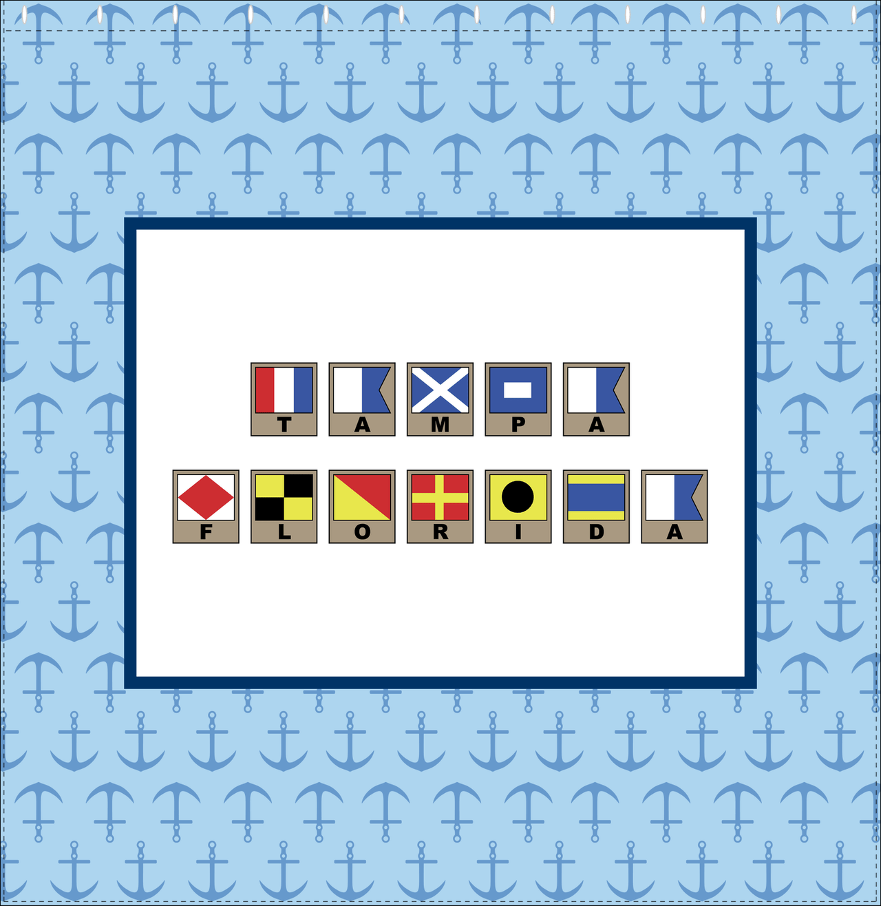 Personalized Nautical Flags Shower Curtain with Anchors - Blue and Navy - Flags with Light Brown Frames - Decorate View