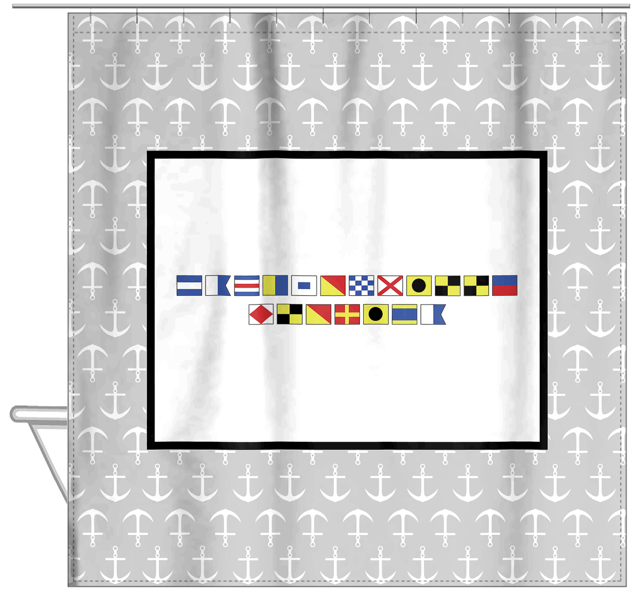 Personalized Nautical Flags Shower Curtain with Anchors - Grey and Black - Flags without Letters - Hanging View