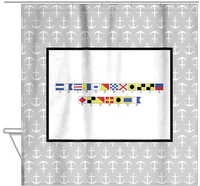 Thumbnail for Personalized Nautical Flags Shower Curtain with Anchors - Grey and Black - Flags with Grey Letters - Hanging View