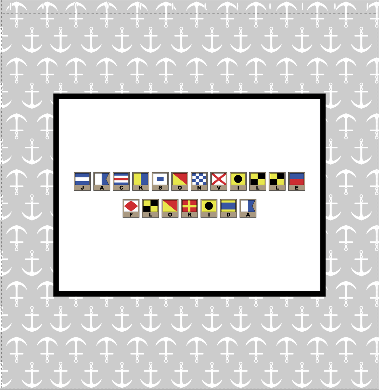 Personalized Nautical Flags Shower Curtain with Anchors - Grey and Black - Flags with Light Brown Frames - Decorate View