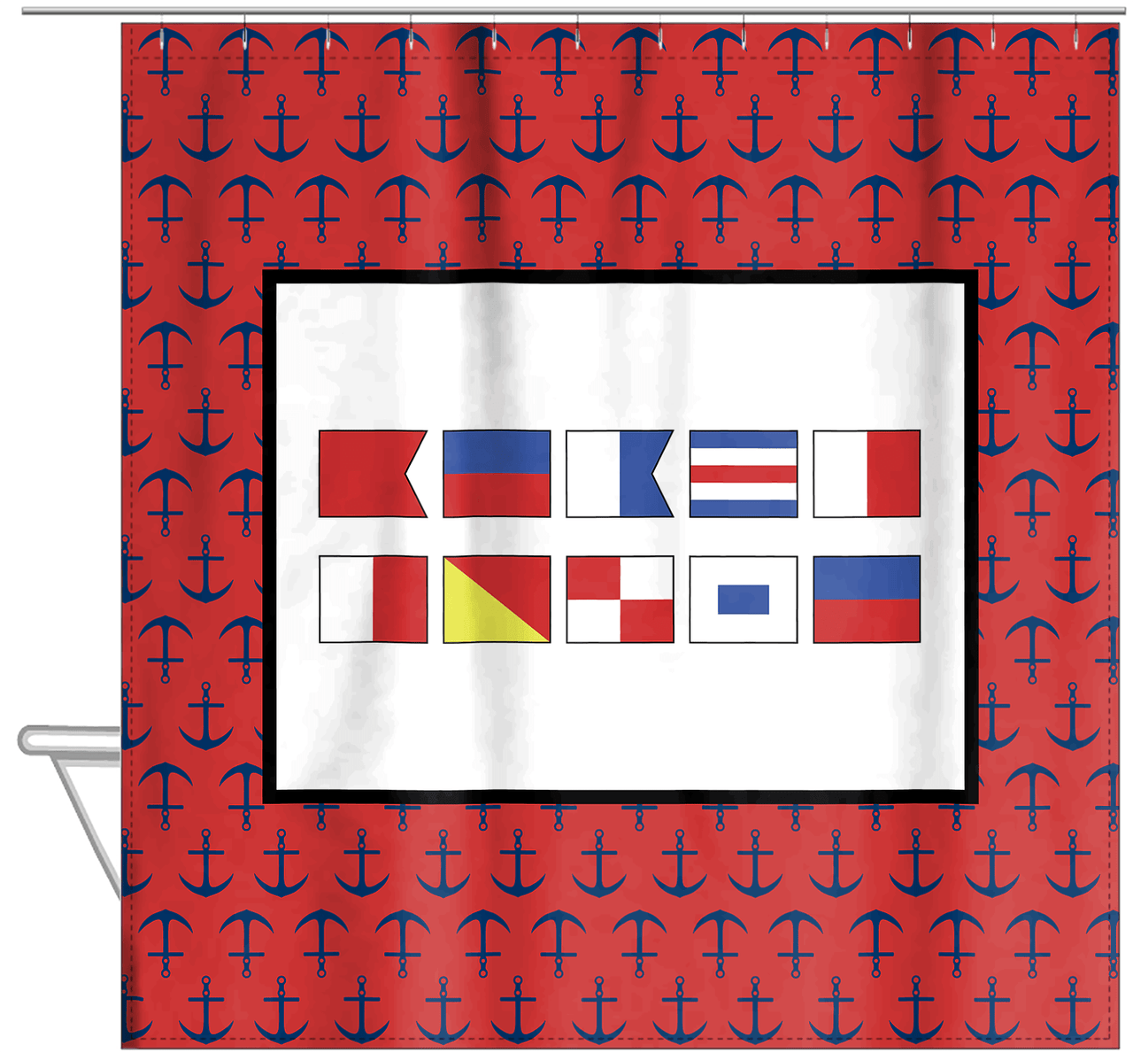 Personalized Nautical Flags Shower Curtain with Anchors - Red and Black - Flags without Letters - Hanging View