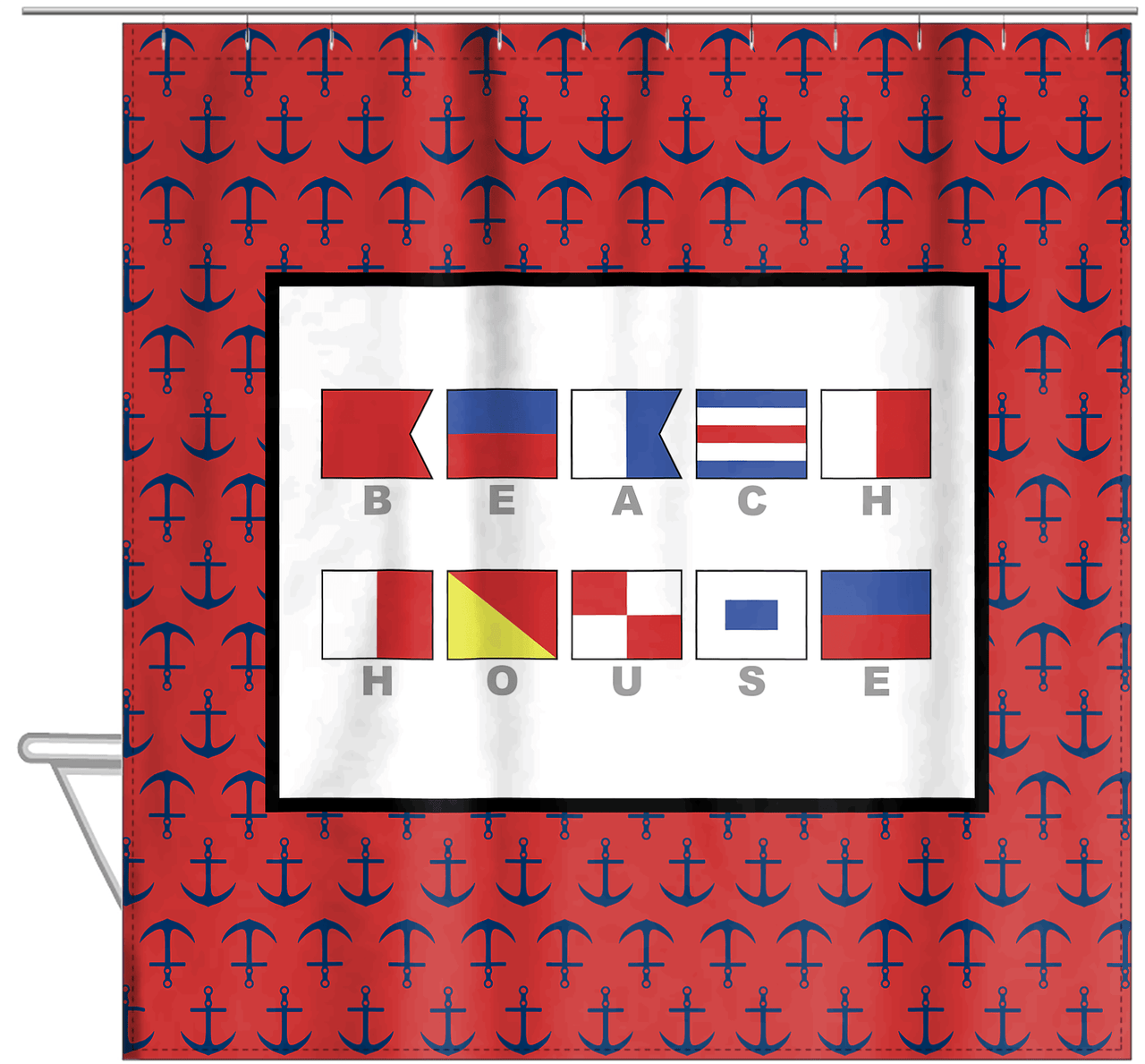 Personalized Nautical Flags Shower Curtain with Anchors - Red and Black - Flags with Grey Letters - Hanging View