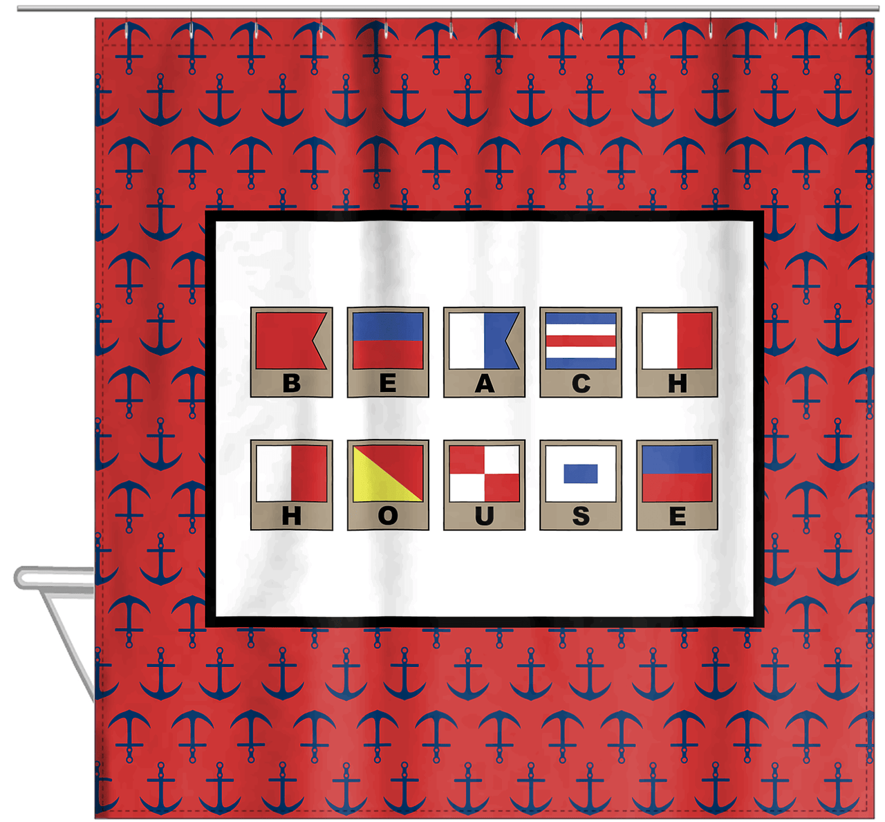 Personalized Nautical Flags Shower Curtain with Anchors - Red and Black - Flags with Light Brown Frames - Hanging View