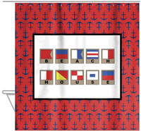 Thumbnail for Personalized Nautical Flags Shower Curtain with Anchors - Red and Black - Flags with Light Brown Frames - Hanging View