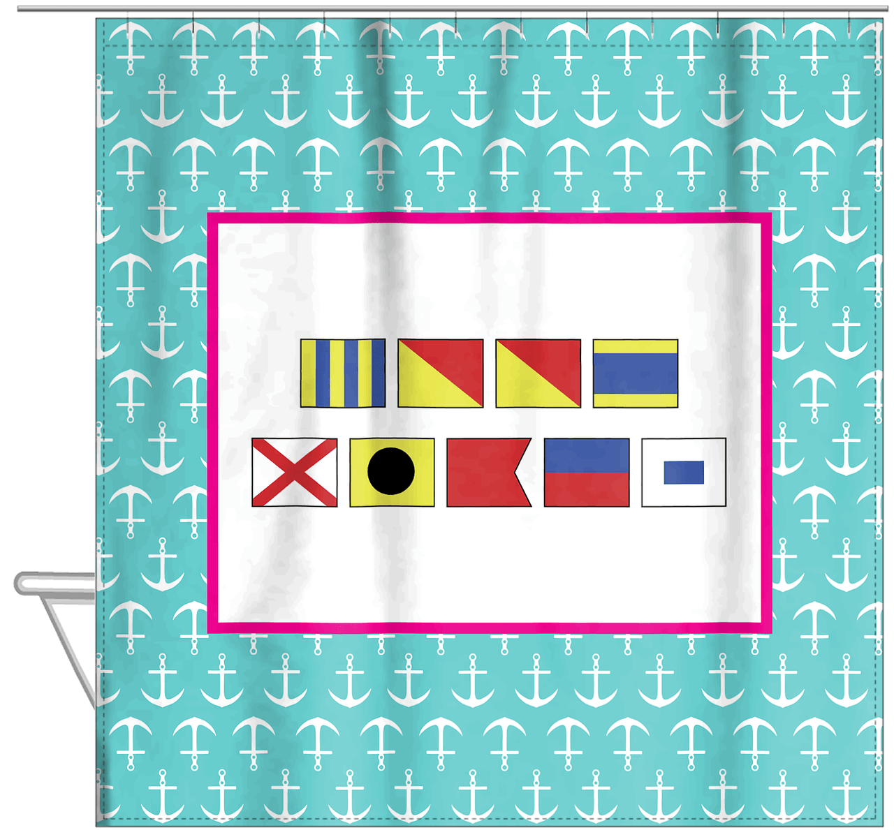 Personalized Nautical Flags Shower Curtain with Anchors - Teal and Pink - Flags without Letters - Hanging View