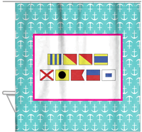 Thumbnail for Personalized Nautical Flags Shower Curtain with Anchors - Teal and Pink - Flags without Letters - Hanging View