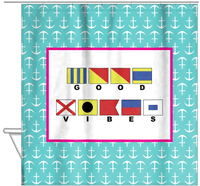 Thumbnail for Personalized Nautical Flags Shower Curtain with Anchors - Teal and Pink - Flags with Small Letters - Hanging View