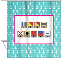 Thumbnail for Personalized Nautical Flags Shower Curtain with Anchors - Teal and Pink - Flags with Light Brown Frames - Hanging View