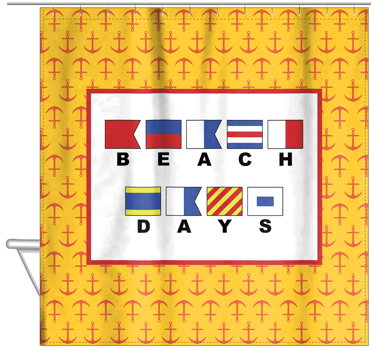 Personalized Nautical Flags Shower Curtain with Anchors - Yellow and Red - Flags with Large Letters - Hanging View