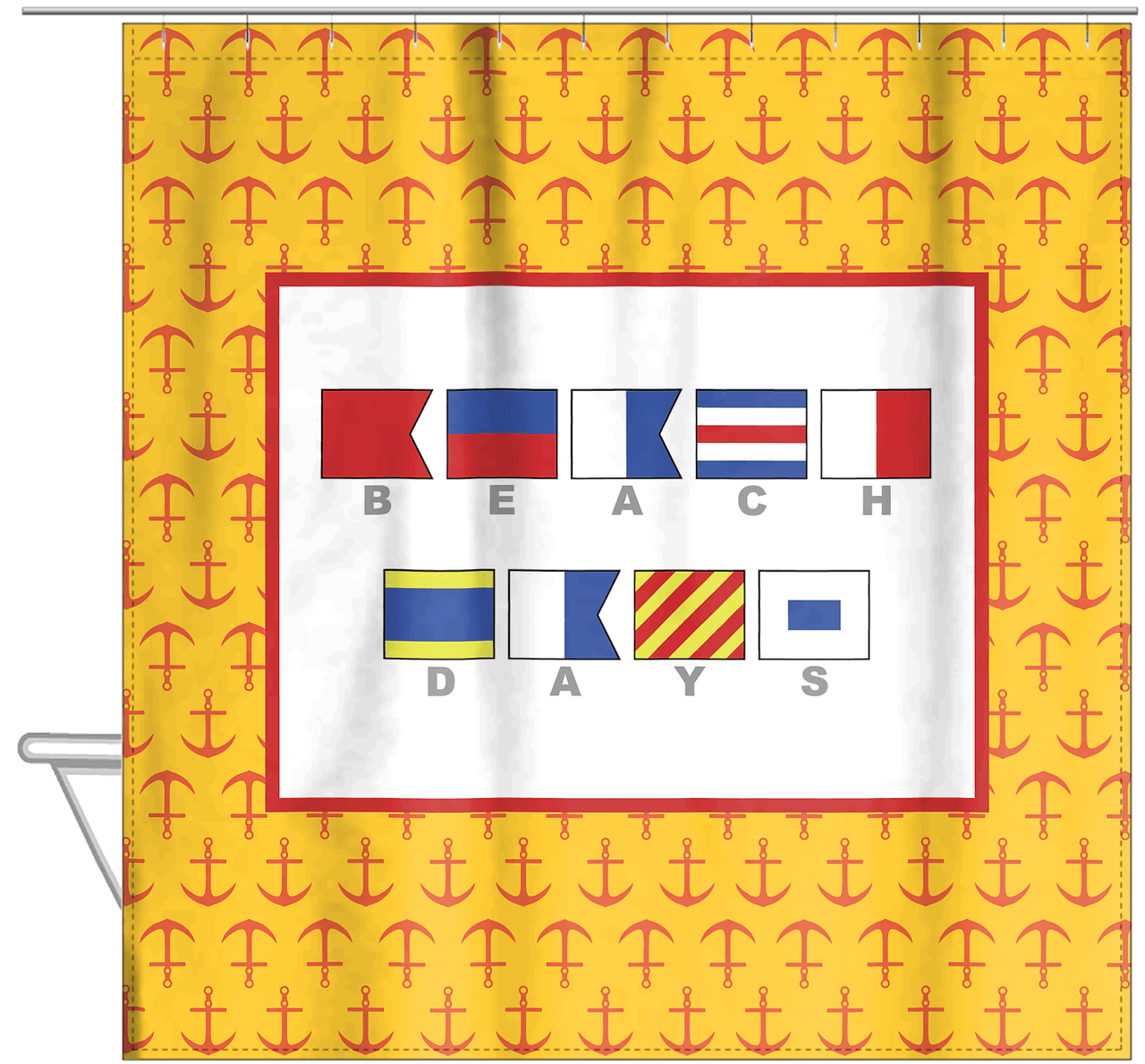 Personalized Nautical Flags Shower Curtain with Anchors - Yellow and Red - Flags with Grey Letters - Hanging View