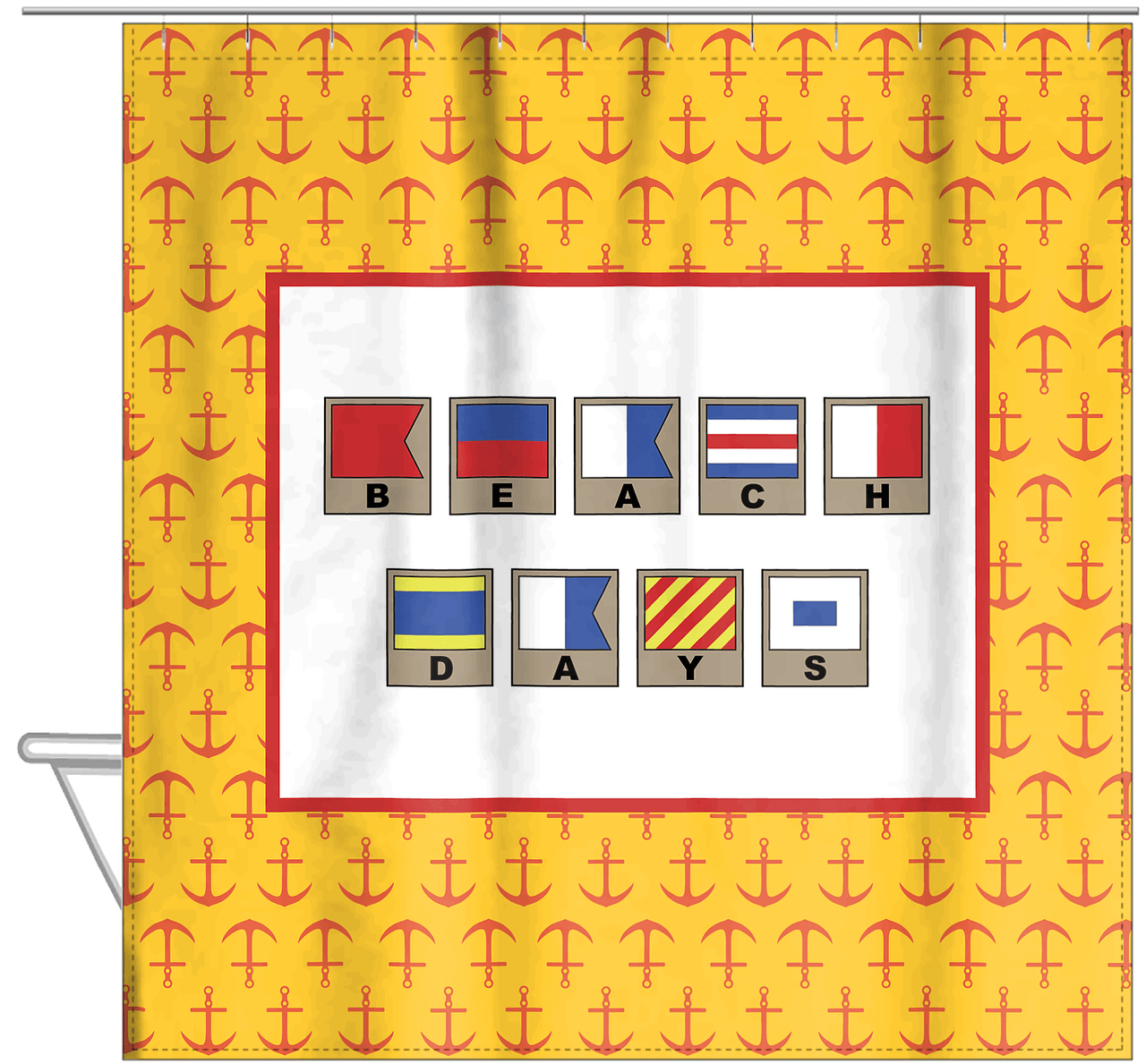 Personalized Nautical Flags Shower Curtain with Anchors - Yellow and Red - Flags with Light Brown Frames - Hanging View