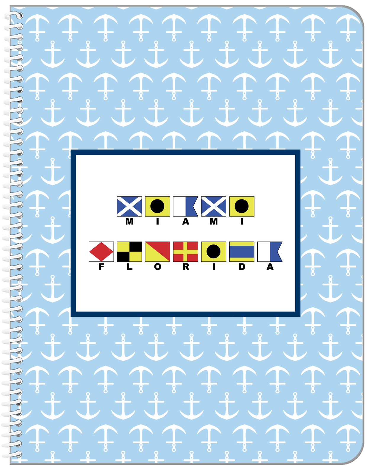 Personalized Nautical Flags Notebook with Anchors - Blue and Navy - Flags with Small Letters - Front View