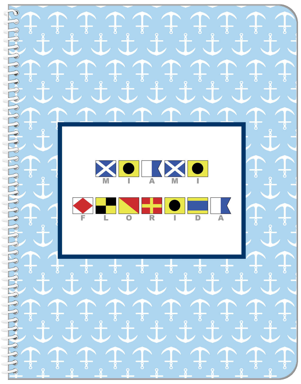 Personalized Nautical Flags Notebook with Anchors - Blue and Navy - Flags with Grey Letters - Front View