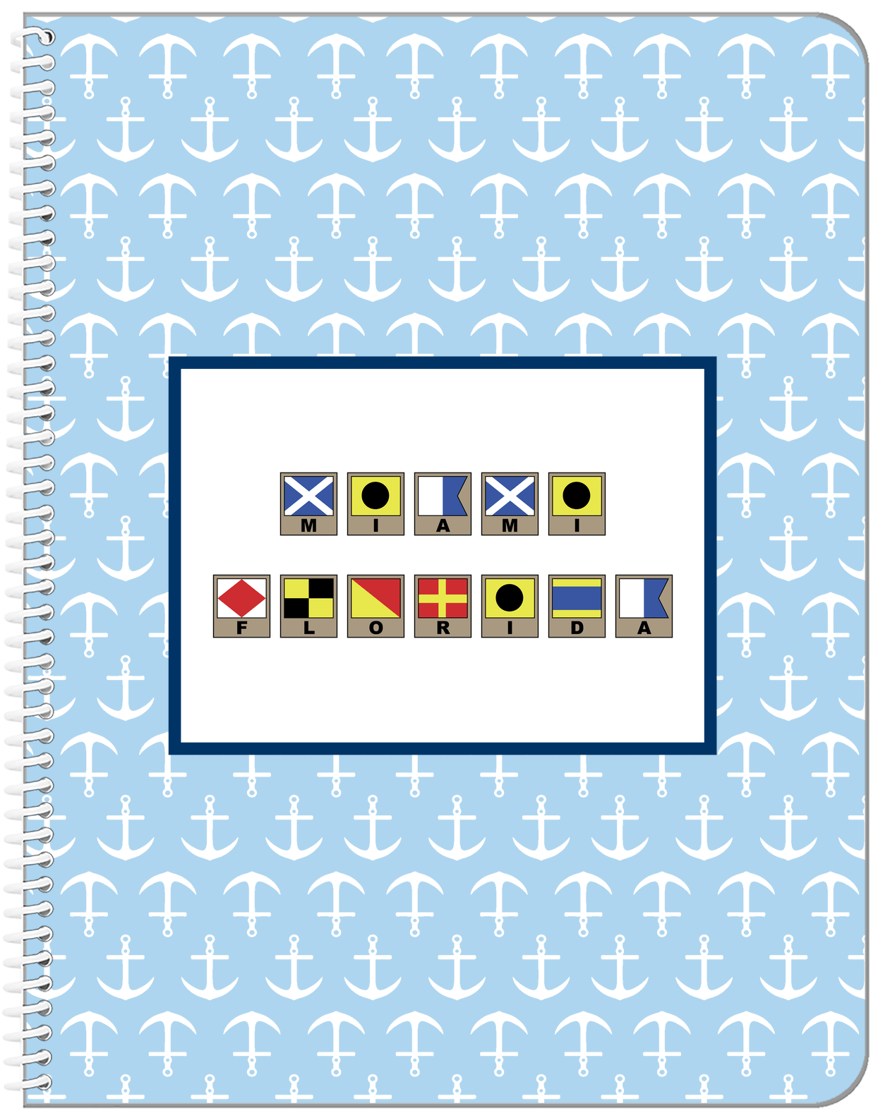 Personalized Nautical Flags Notebook with Anchors - Blue and Navy - Flags with Light Brown Frames - Front View