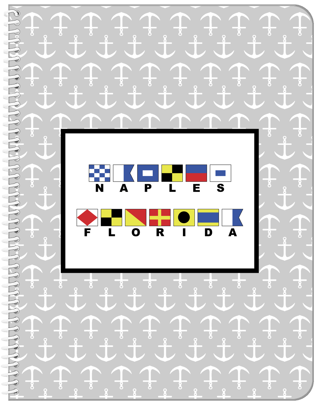 Personalized Nautical Flags Notebook with Anchors - Grey and Black - Flags with Large Letters - Front View
