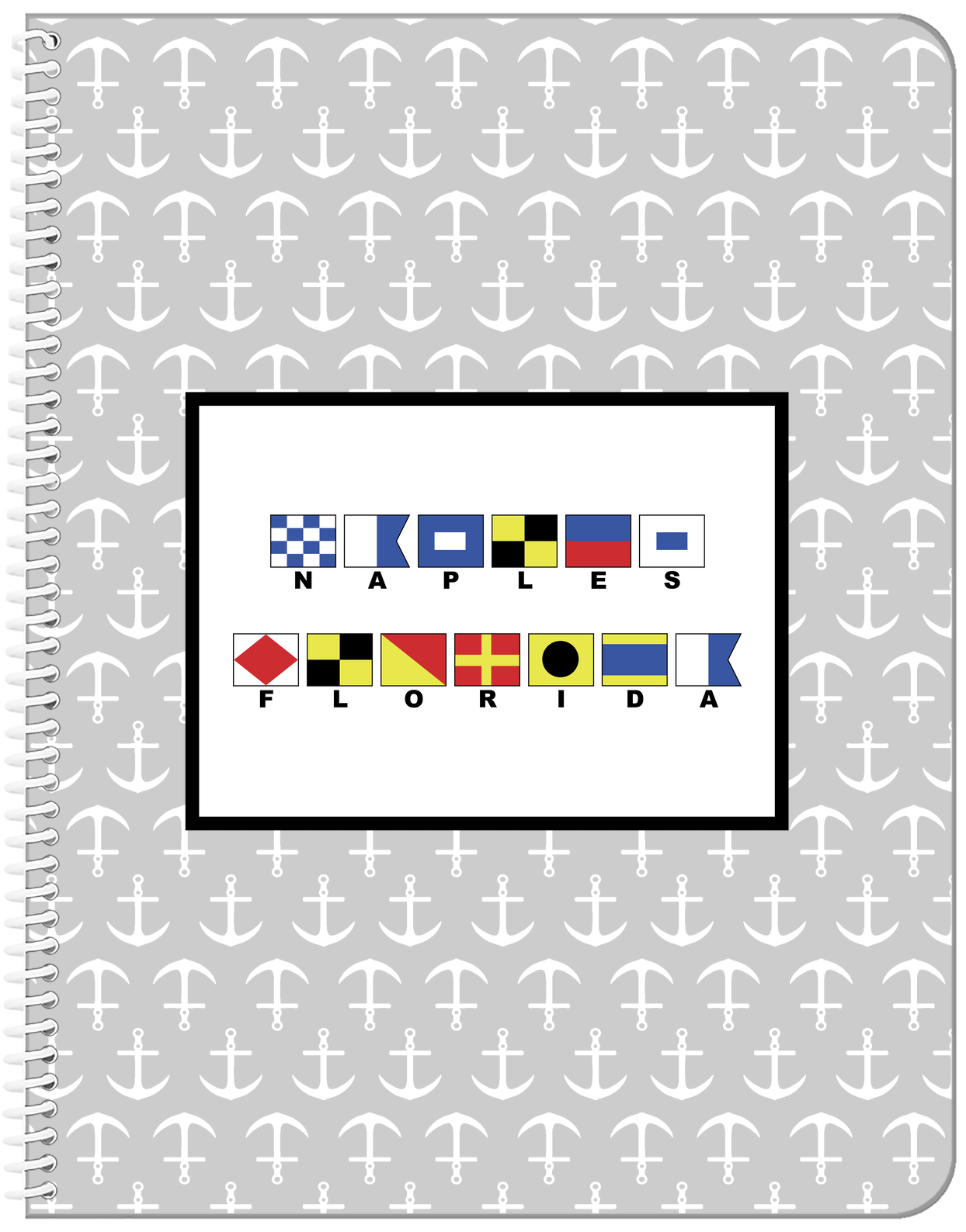 Personalized Nautical Flags Notebook with Anchors - Grey and Black - Flags with Small Letters - Front View