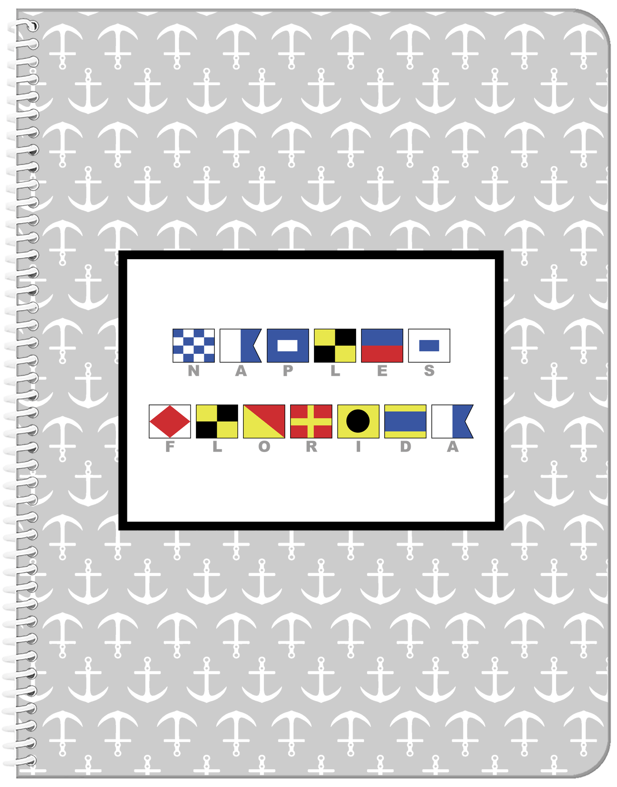 Personalized Nautical Flags Notebook with Anchors - Grey and Black - Flags with Grey Letters - Front View